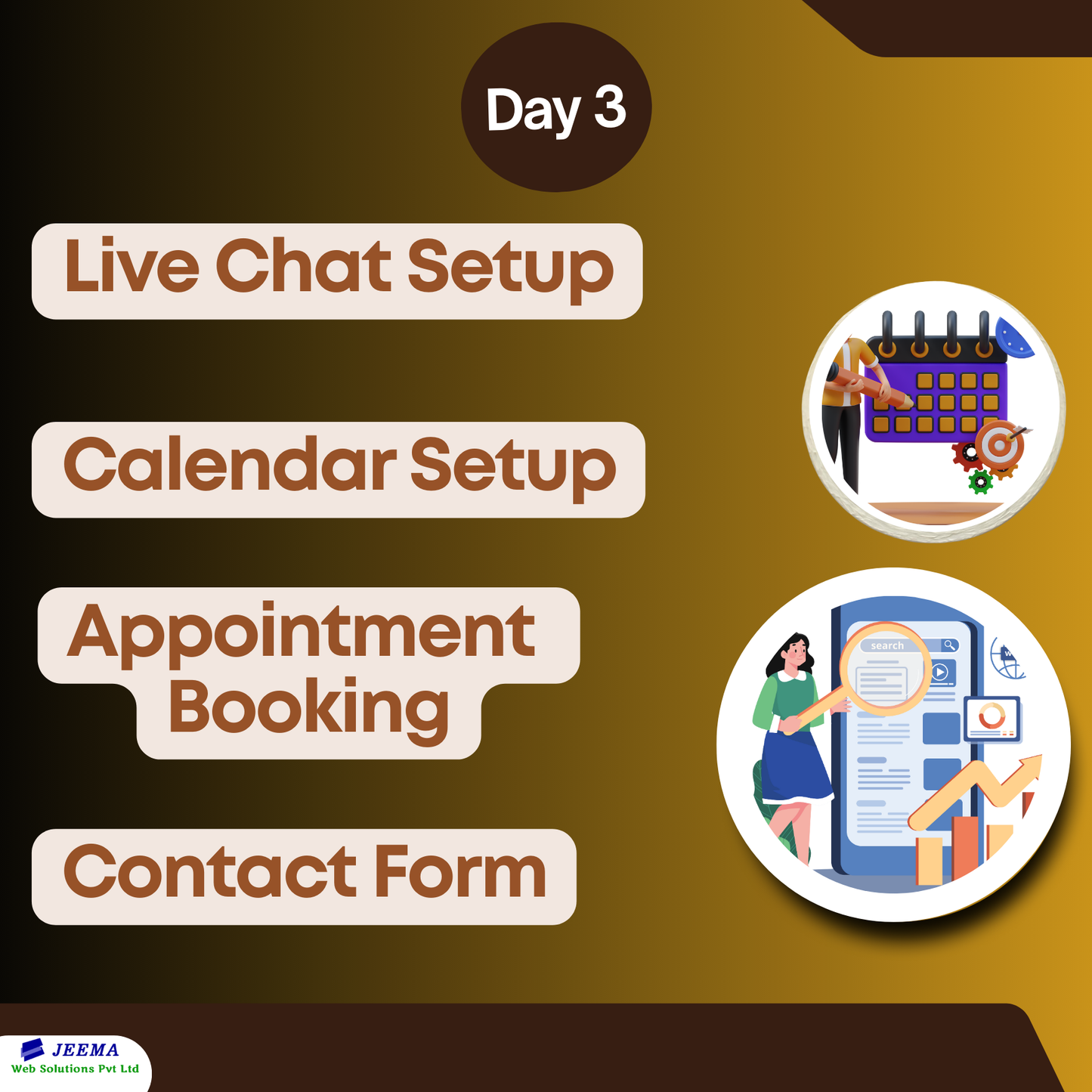 Live Chat Setup, Calendar Setup, Appointment Cooking, Contact Form Creation