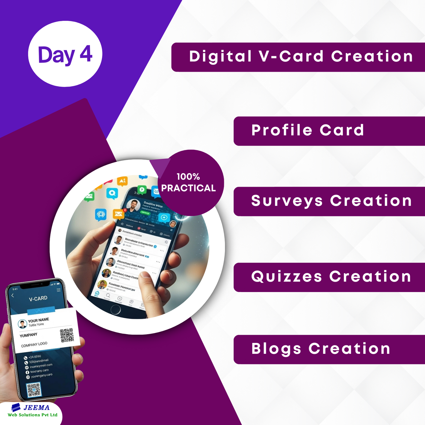 Digital V-Card creation, Profile Card, Surveys Creation, Quizzes Creation, Blogs Creation