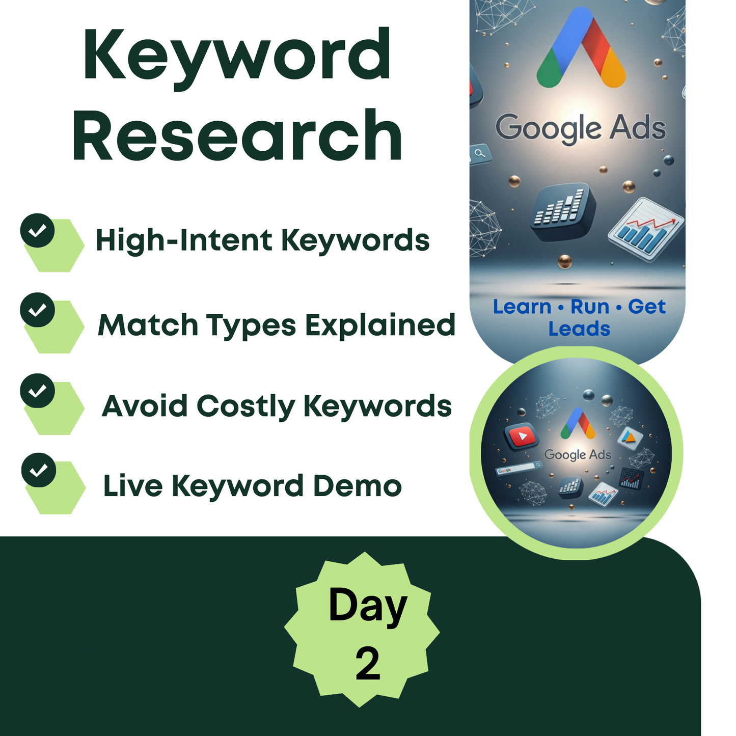 Advertisement for Google Ads keyword research, High-Intent Keywords, Match Types Explained, Avoid Costly Keywords, Live Keyword Demo