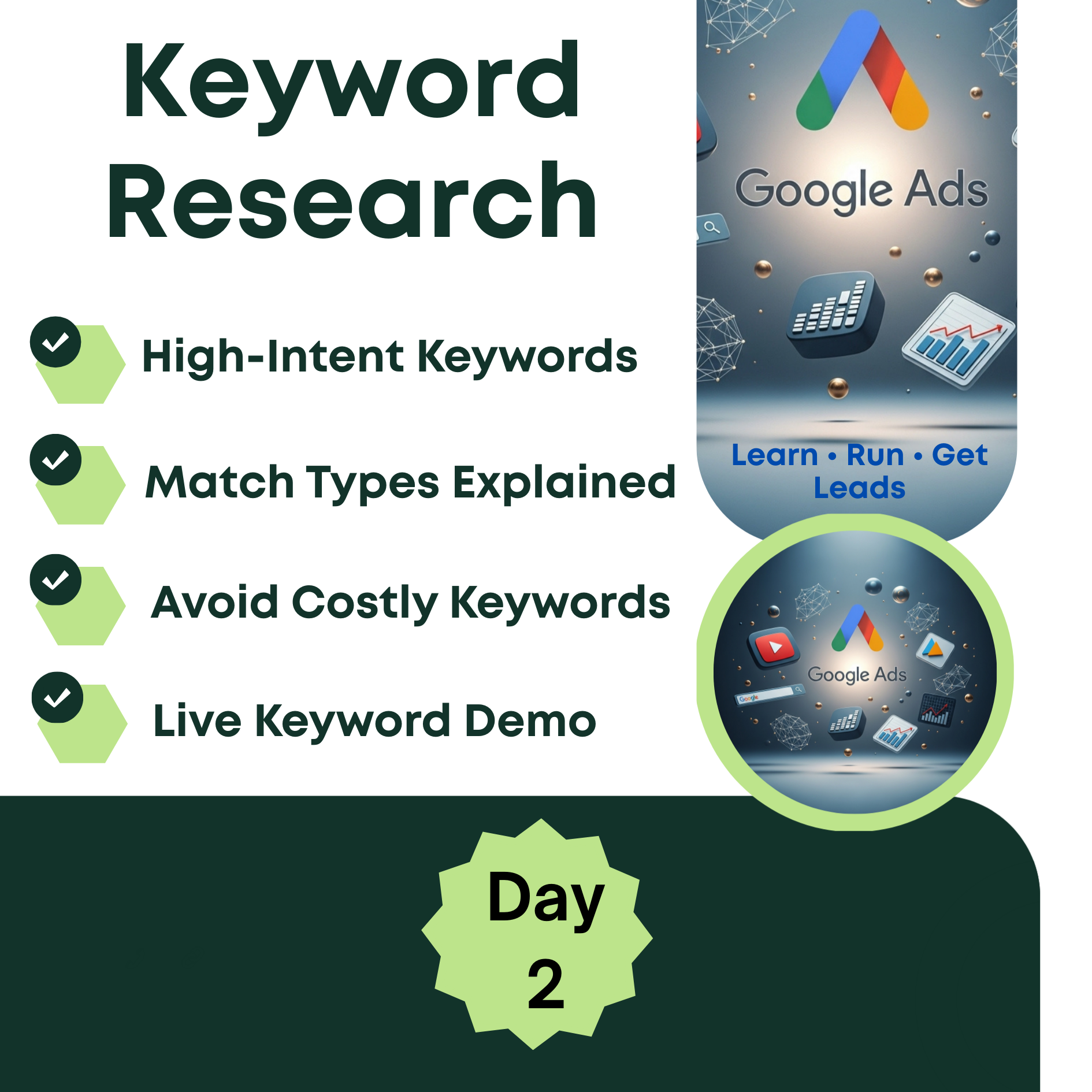 Advertisement for Google Ads keyword research, High-Intent Keywords, Match Types Explained, Avoid Costly Keywords, Live Keyword Demo