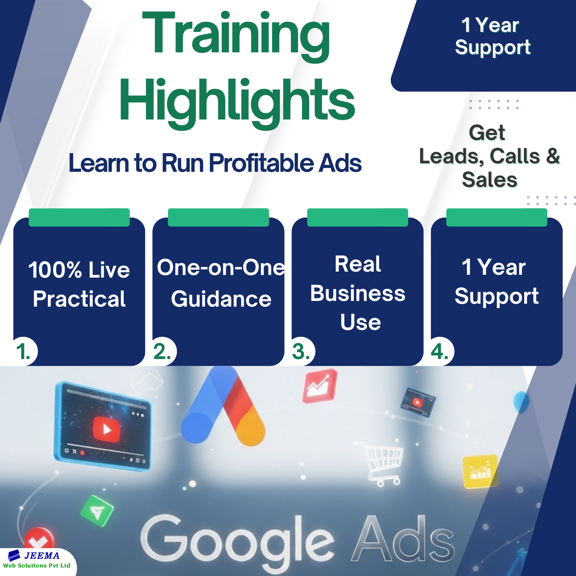 Training highlights for learning to run profitable ads with Google Ads branding. One-on-One Guidance
