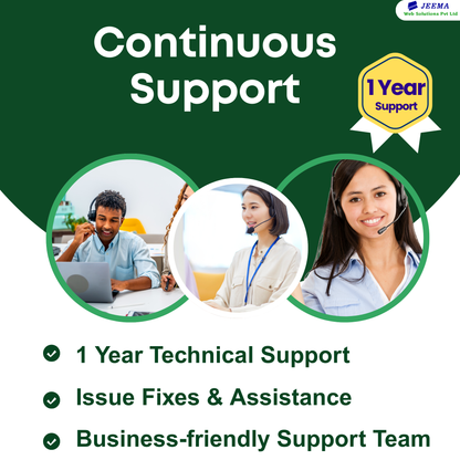 Advertisement for continuous support with a 1-year technical support, Issue Fixes & Assistance, Business-friendly Support Team
