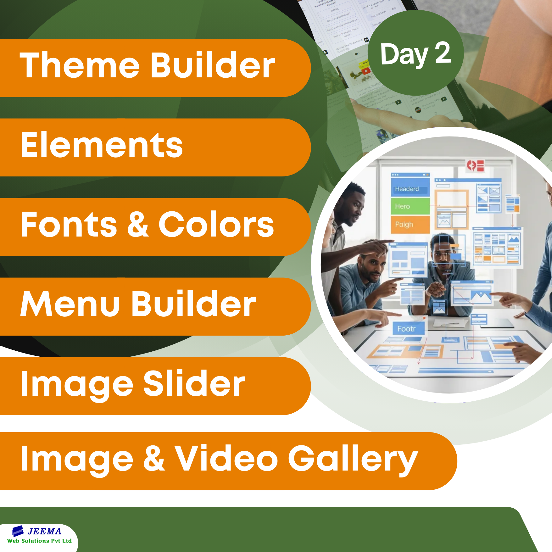 Theme Builder, Elements, Fonts and Colors, Menu Builder, Image Slider, Image and Video Gallery