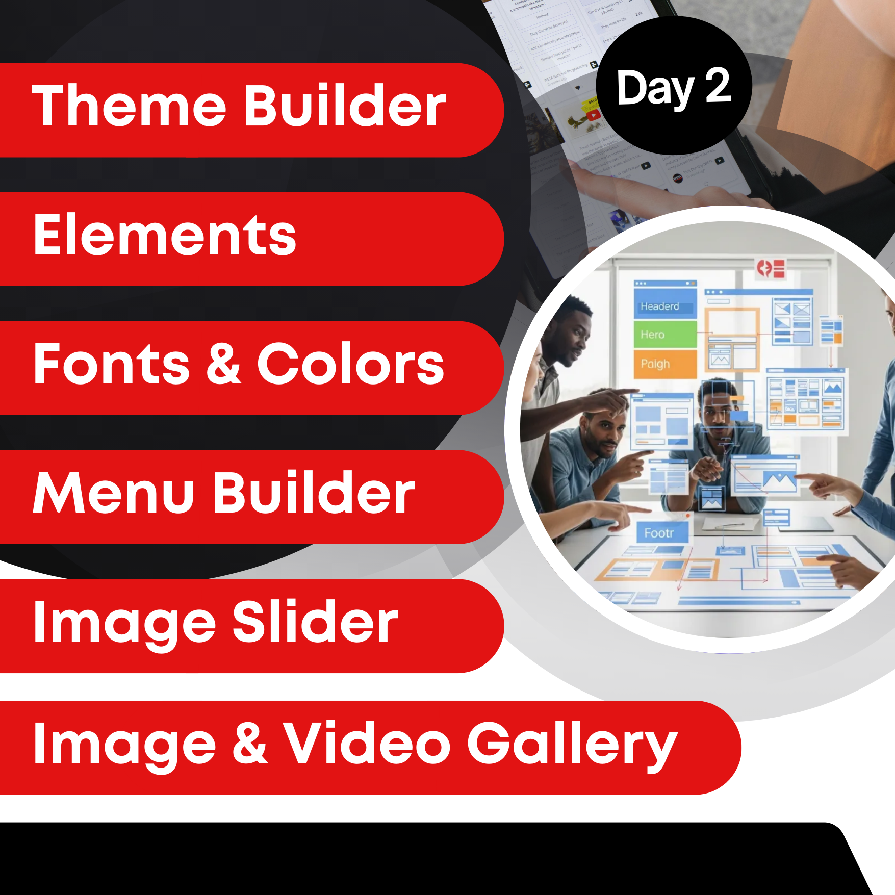 Theme Builder, Elements, Fonts and Colors, Menu Builder, Image Slider, Image and Video Gallery
