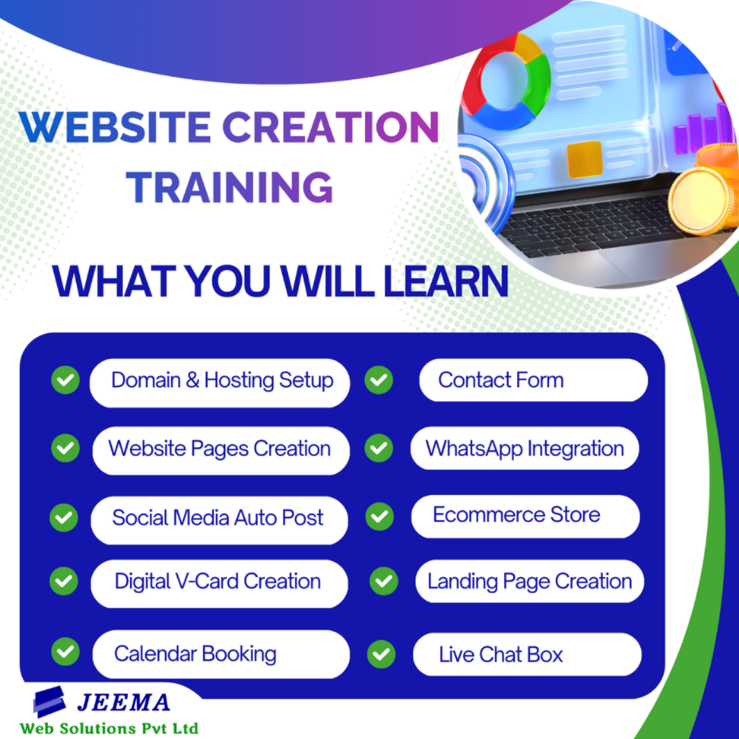 Training for Domain & Hosting Setup, Website Pages Creation, Contact Form, Social Media Auto Post, WhatsApp Integration, Ecommerce Store, Landing Page Creation, Digital V-Card Creation, Calendar Booking, Live Chat Box