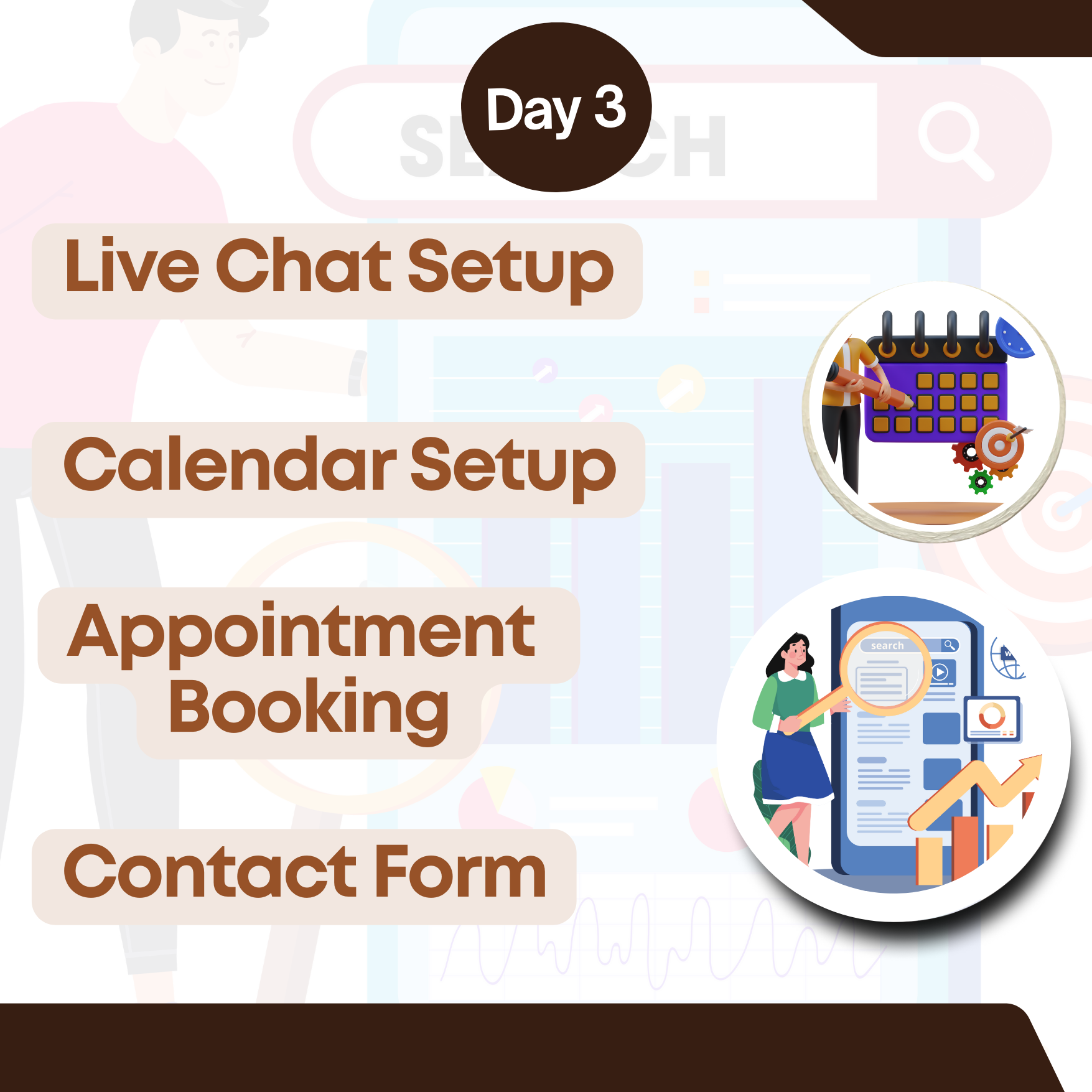Live Chat Setup, Calendar Setup, Appointment Cooking, Contact Form Creation