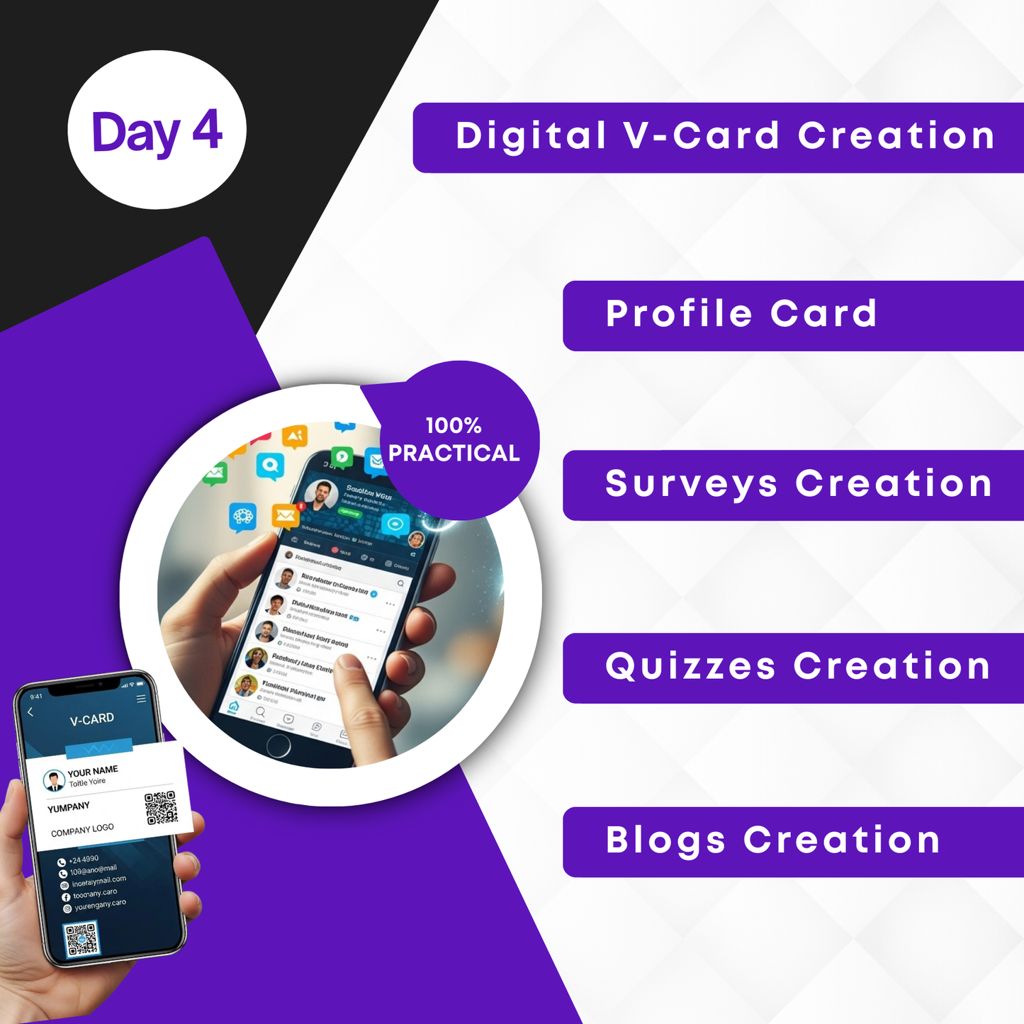 Digital V-Card creation, Profile Card, Surveys Creation, Quizzes Creation, Blogs Creation