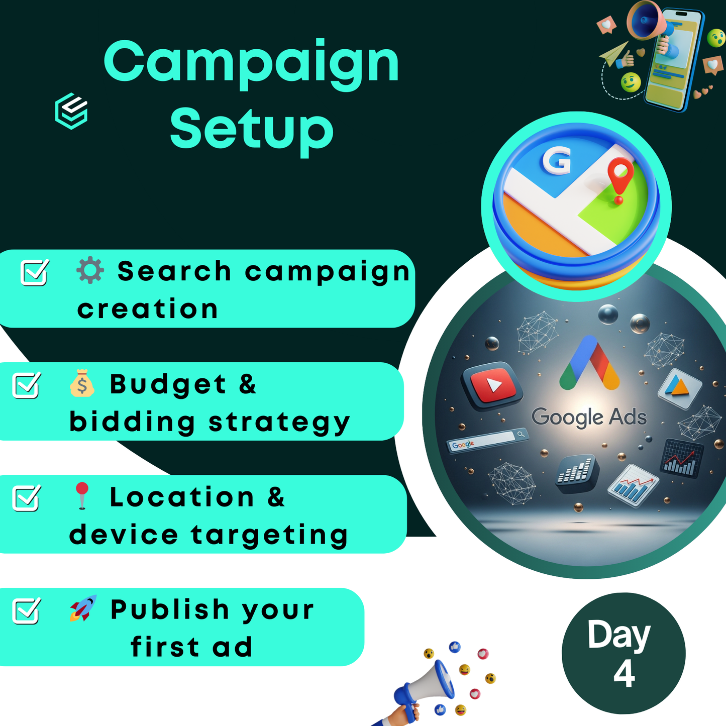Google Ads campaign setup process, Search Campaign creation, Location device targeting, Publish your First Ad